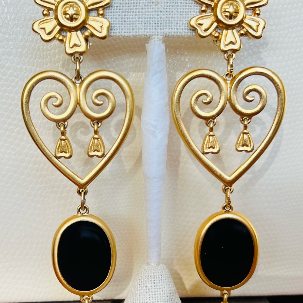 Gold and Black Heart Drop Earrings: Clip On